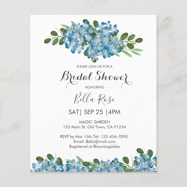 Budget Blue Hydrangea  Bridal Shower Invitation (Front)