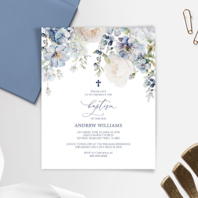 BUDGET Blue Hydrangea & Roses Baptism Invitation (Creator Uploaded)