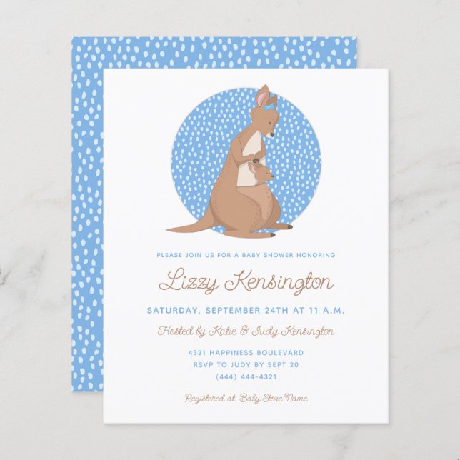 Budget Blue Kangaroo Boy Baby Shower Invitation (Front/Back)