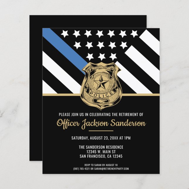 Budget Blue Line Police Retirement Invitation (Front/Back)
