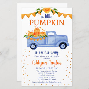 Budget Blue Little Pumpkin Baby Shower Invitation