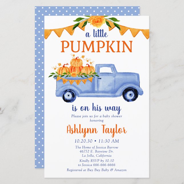 Budget Blue Little Pumpkin Baby Shower Invitation (Front/Back)