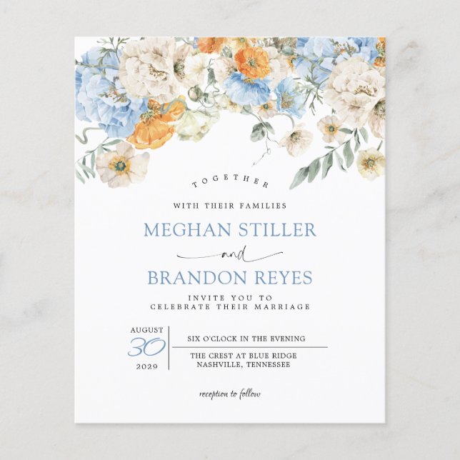 Budget - Blue Marigold Wild Flowers Wedding Invite (Front)