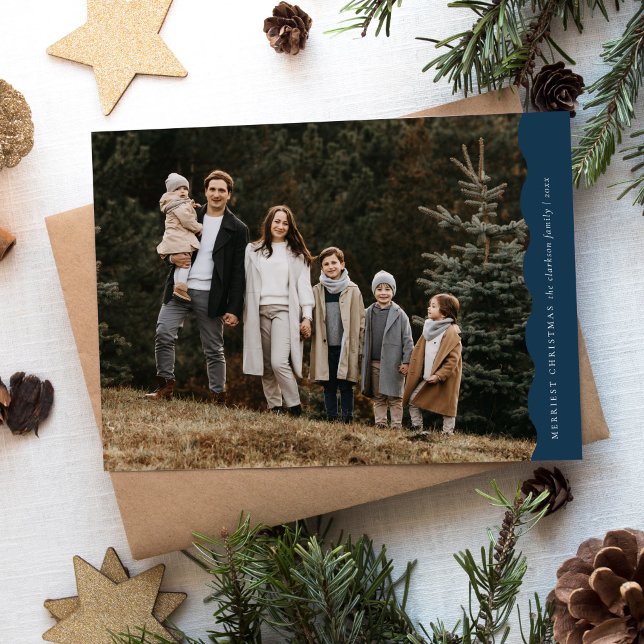 Budget Blue Modern Wavy Two Photo Christmas  Holiday Card (Creator Uploaded)