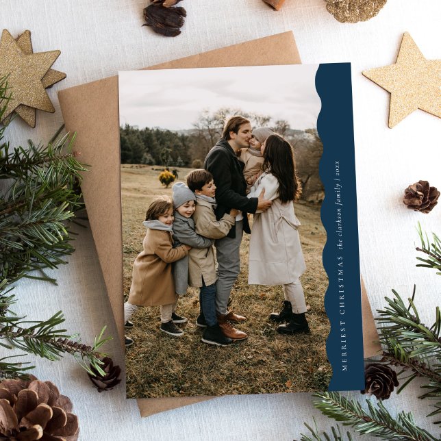Budget Blue Modern Wavy Two Photo Christmas  Holiday Card (Creator Uploaded)