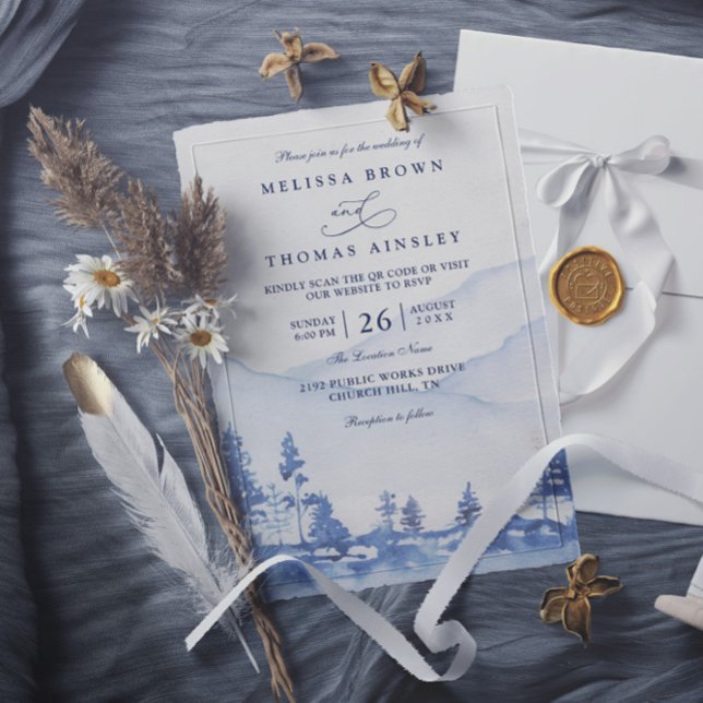 Budget Blue Mountain Watercolor QR Code Wedding Invitation (Creator Uploaded)