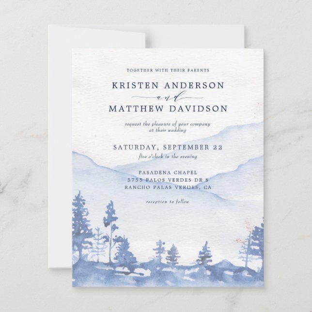 Budget Blue Mountain Watercolor Wedding Invitation (Front)