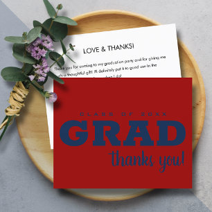 Budget Blue on Dark Red Grad Thank You Note