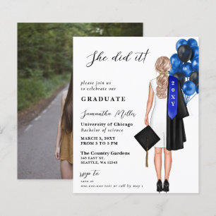 Budget Blue Photo She Did It Graduation Invitation