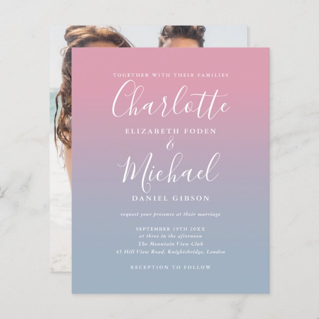 Budget Blue Pink Ombre Photo Wedding Invitation (Front/Back)