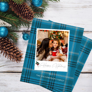 Budget Blue Plaid Instant Photo Happy Holidays