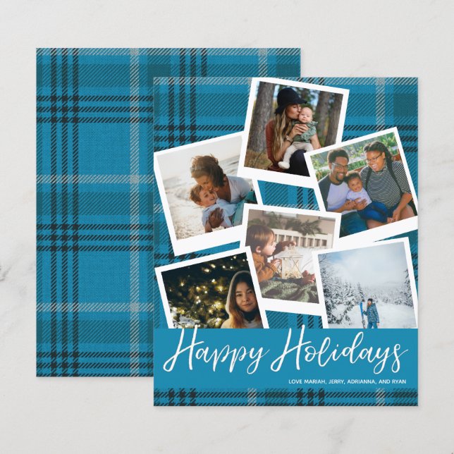 Budget Blue Plaid Multi Photo Happy Holidays (Front/Back)