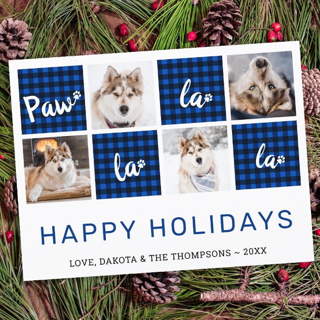 Budget Blue Plaid Pet Photo Collage Holiday Card (Creator Uploaded)