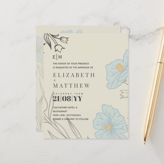 BUDGET Blue Poppy Magnolia Wedding Invitation (Front/Back In Situ)