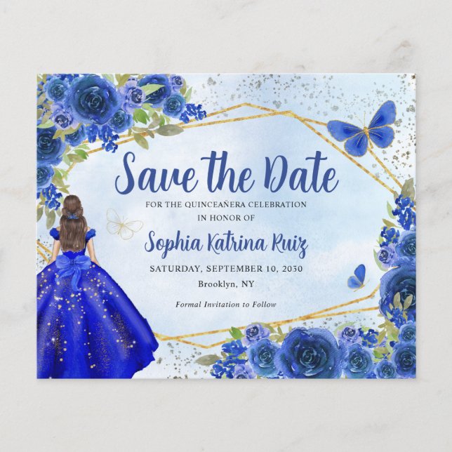 Budget Blue Princess Quinceañera Save the Date (Front)