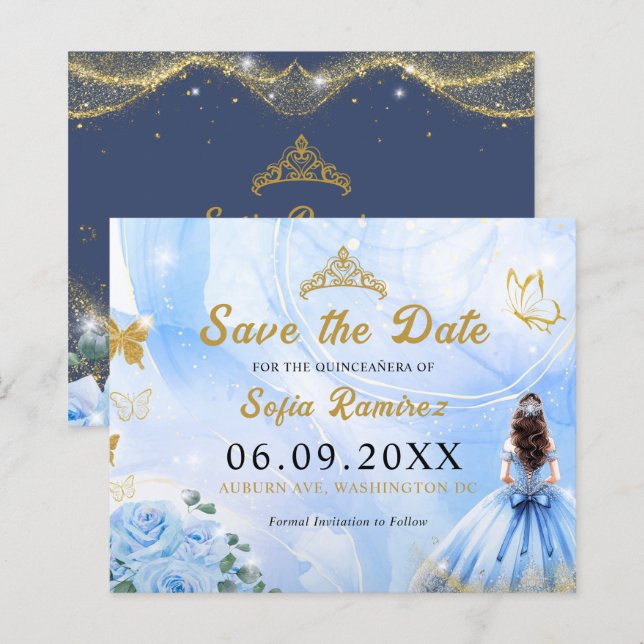 Budget Blue Princess Quinceañera Save The Date (Front/Back)