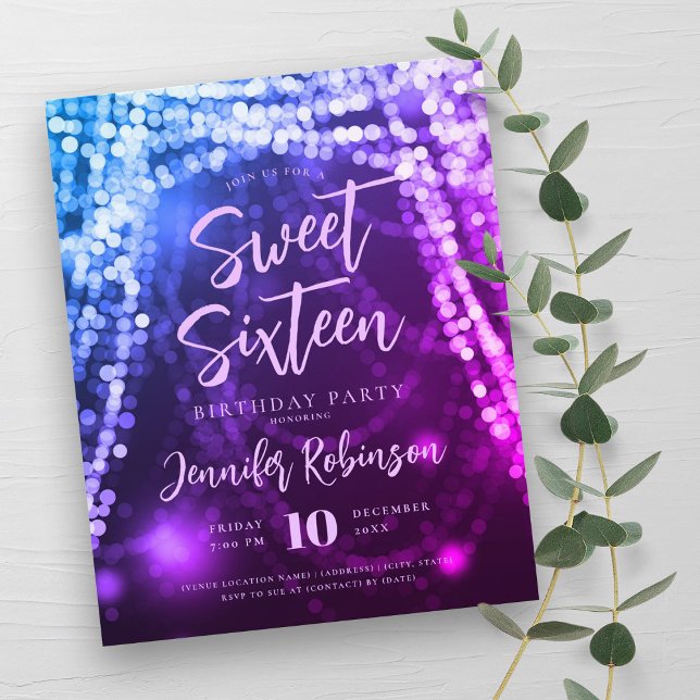 Budget Blue Purple String Lights Sweet 16 Invite Flyer (Budget Blue Purple String Lights Sweet 16 Invite Flyer)