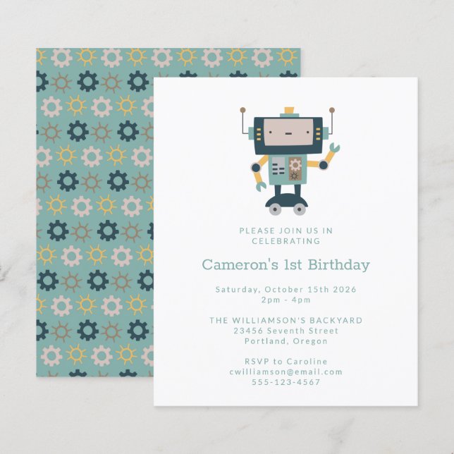 Budget Blue Robot Simple 1st Birthday Invitation (Front/Back)