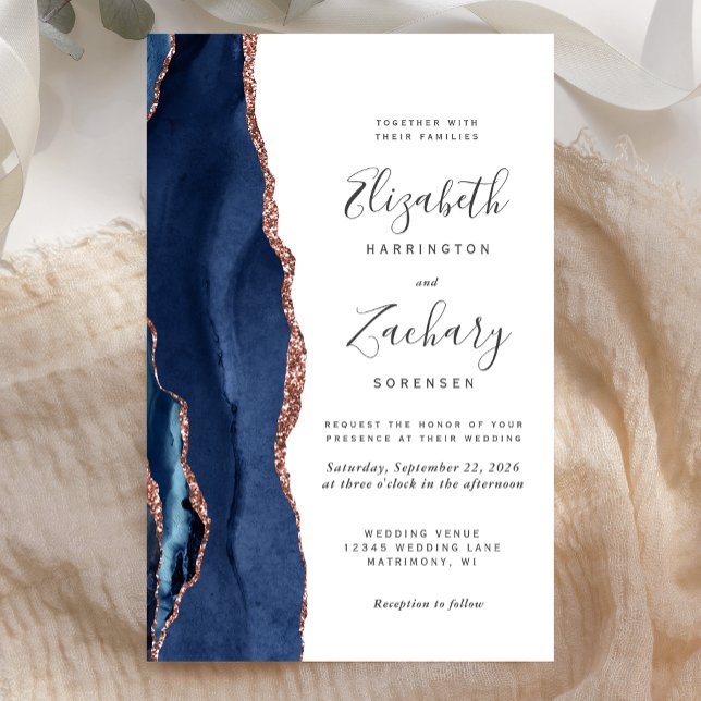 Budget Blue Rose Gold Agate Wedding Invitation (Creator Uploaded)