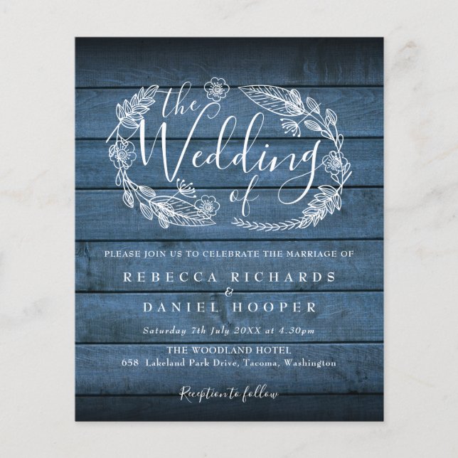 Budget Blue Rustic Wood Foliage Wedding Invite (Front)