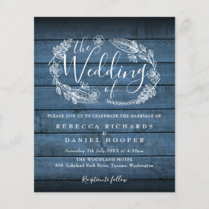 Budget Blue Rustic Wood Foliage Wedding Invite