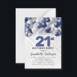 Budget Blue Silver Balloon Glitter 21st Birthday Card<br><div class="desc">Modern Glam Navy Blue Silver Balloon Glitter Sparkle Any Age Birthday Invitation</div>