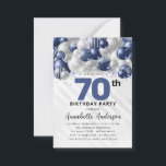 Budget Blue Silver Balloon Glitter 70th Birthday Card<br><div class="desc">Modern Glam Navy Blue Silver Balloon Glitter Sparkle Any Age Birthday Invitation</div>