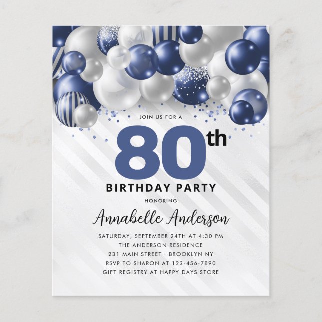 Budget Blue Silver Balloon Glitter 80th Birthday (Front)