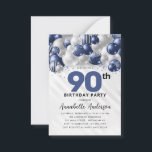 Budget Blue Silver Balloon Glitter 90th Birthday<br><div class="desc">Modern Glam Navy Blue Silver Balloon Glitter Sparkle Any Age Birthday Invitation</div>