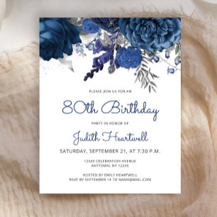 Budget Blue Silver Floral 80th Birthday Invitation