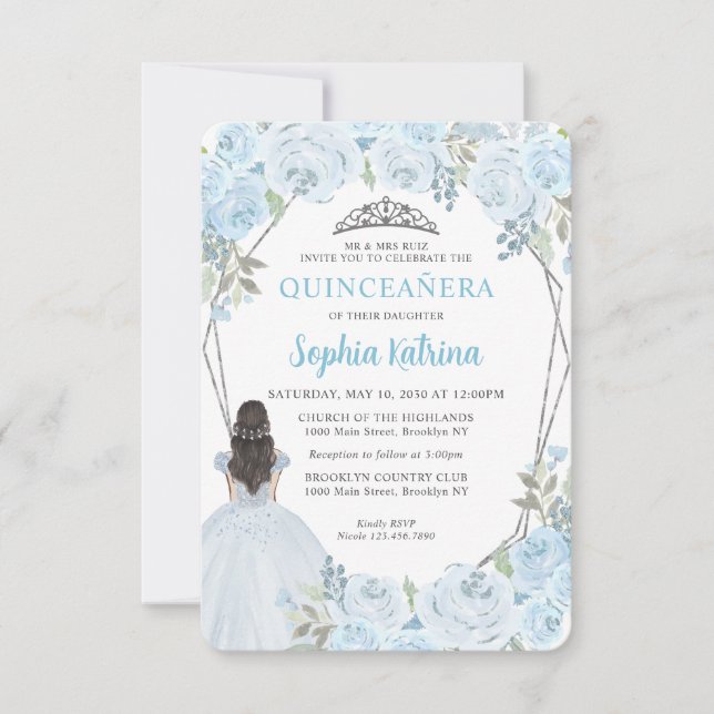 Budget Blue Silver Floral Princess Quinceañera Card (Front)