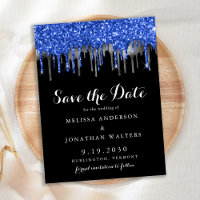 Budget Blue Silver Glitter Drips Save The Date