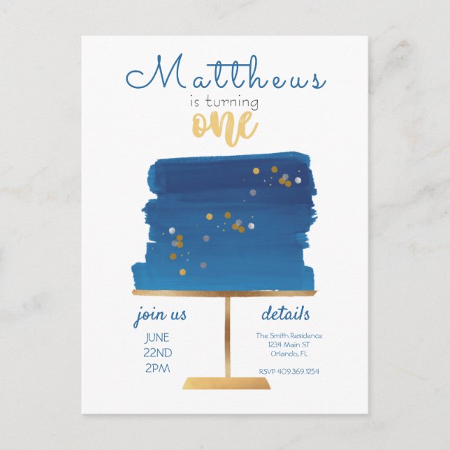 Budget | Blue, Silver & Gold First Birthday  Postcard (Front)