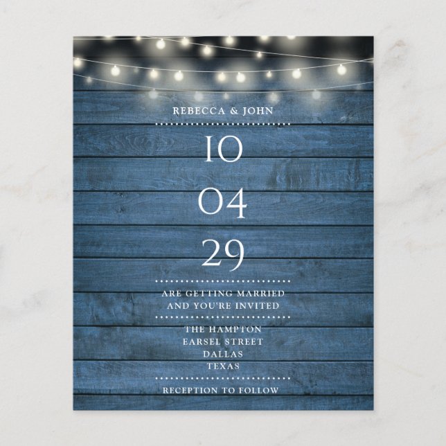 Budget Blue String Lights Date Wedding Invitation (Front)
