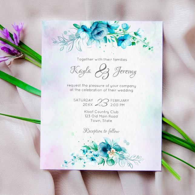 Budget Blue teal green flowers wedding invitation (Creator Uploaded)