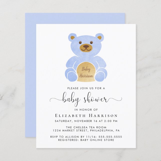 Budget Blue Teddy Bear Baby Boy Shower Invitation (Front/Back)