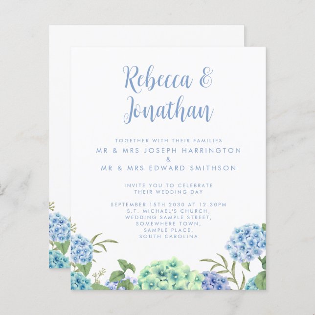 Budget Blue Watercolor Floral Wedding Invitation (Front/Back)