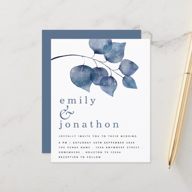 Budget Blue Watercolor Foliage Wedding Invitation (Front/Back In Situ)