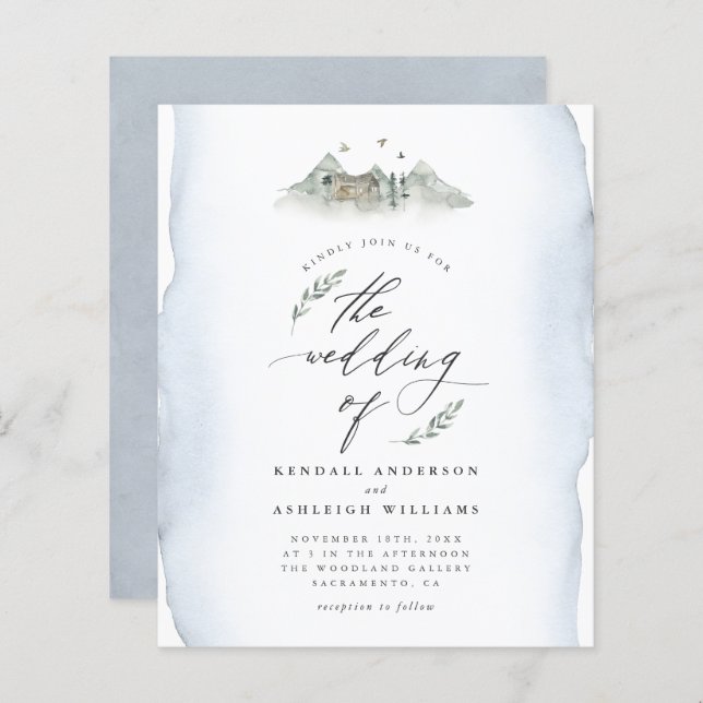 Budget Blue Watercolor Leaves & Mountain Wedding (Front/Back)