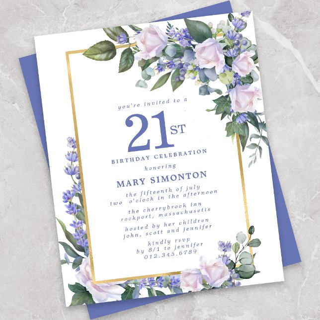 Budget Blue White Floral 21st Birthday Invitation (Creator Uploaded)