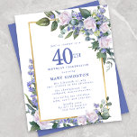 Budget Blue White Floral 40th Birthday Invitation<br><div class="desc">Pretty watercolor white roses and blue flowers are nestled in dark green leaves on a gold frame.</div>