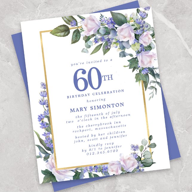 Budget Blue White Floral 60th Birthday Invitation (Creator Uploaded)