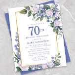 Budget Blue White Floral 70th Birthday Invitation<br><div class="desc">Pretty watercolor white roses and blue flowers are nestled in dark green leaves on a gold frame.</div>