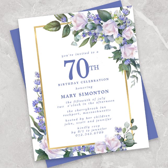 Budget Blue White Floral 70th Birthday Invitation (Creator Uploaded)