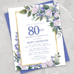 Budget Blue White Floral 80th Birthday Invitation<br><div class="desc">Pretty watercolor white roses and blue flowers are nestled in dark green leaves on a gold frame.</div>