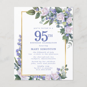 Budget Blue White Floral 95th Birthday Invitation