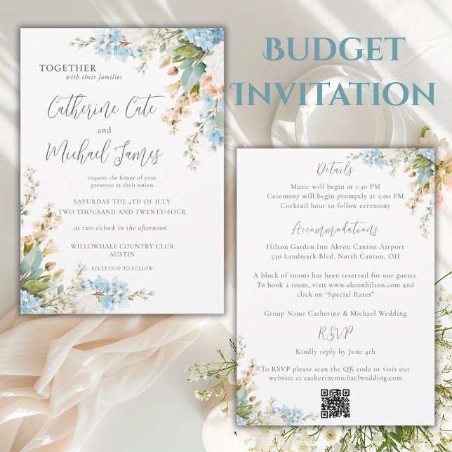 Budget Blue & White Floral Elegant Wedding Invitation (Creator Uploaded)