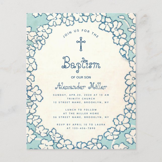 Budget Blue White Floral Frame Baptism Invitation (Front)