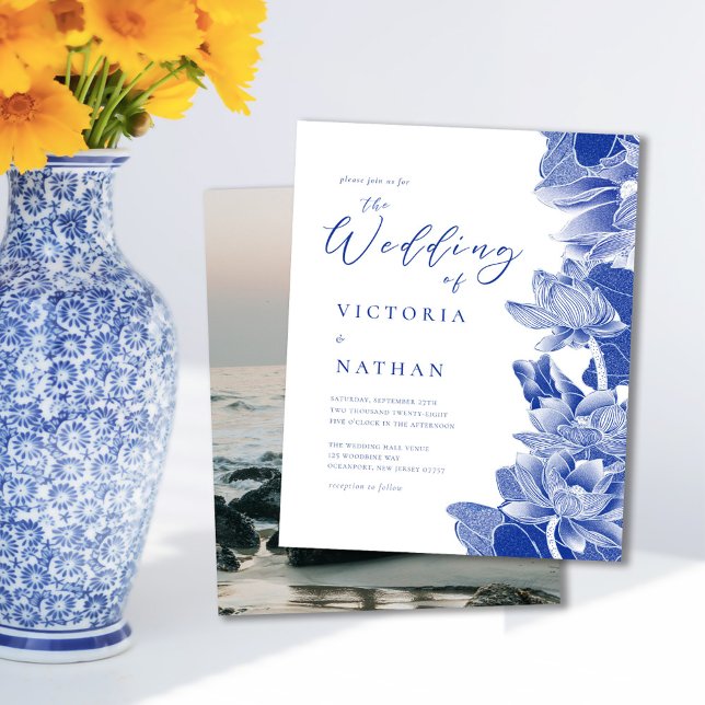Budget Blue White Floral Photo Wedding Invite (Creator Uploaded)