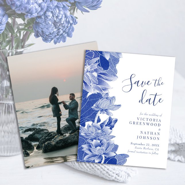 Budget Blue White Floral with Photo Save the Date (Creator Uploaded)